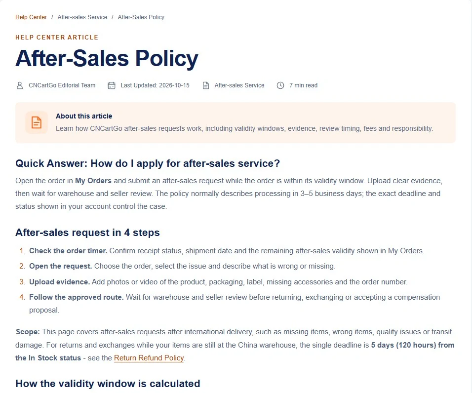 CNCartGo After-Sales Policy article with four steps for an after-sales request