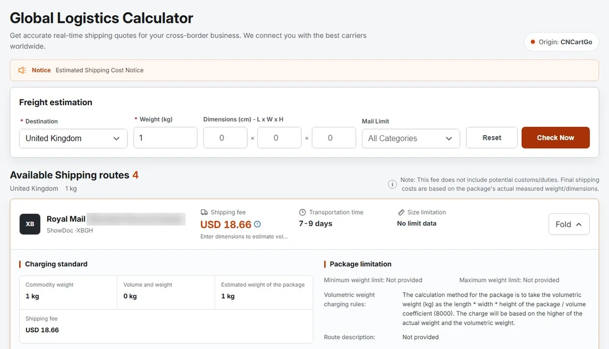 CNCartGo Global Logistics Calculator showing four routes for 1 kg to the United Kingdom, Royal Mail at USD 18.66