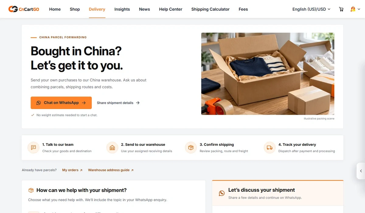 CNCartGo Delivery page headed Bought in China? with four forwarding steps and a WhatsApp button