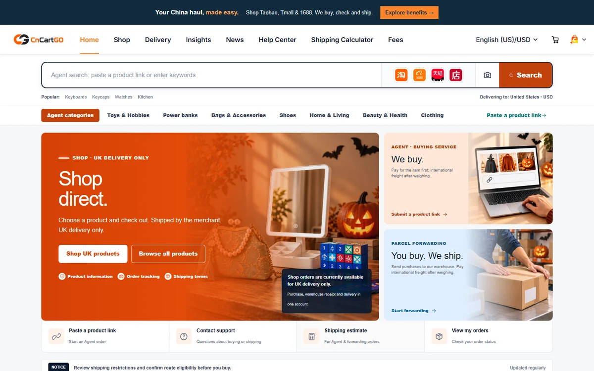 CNCartGo homepage on 24 October 2026: search bar with marketplace icons, category bar and service cards