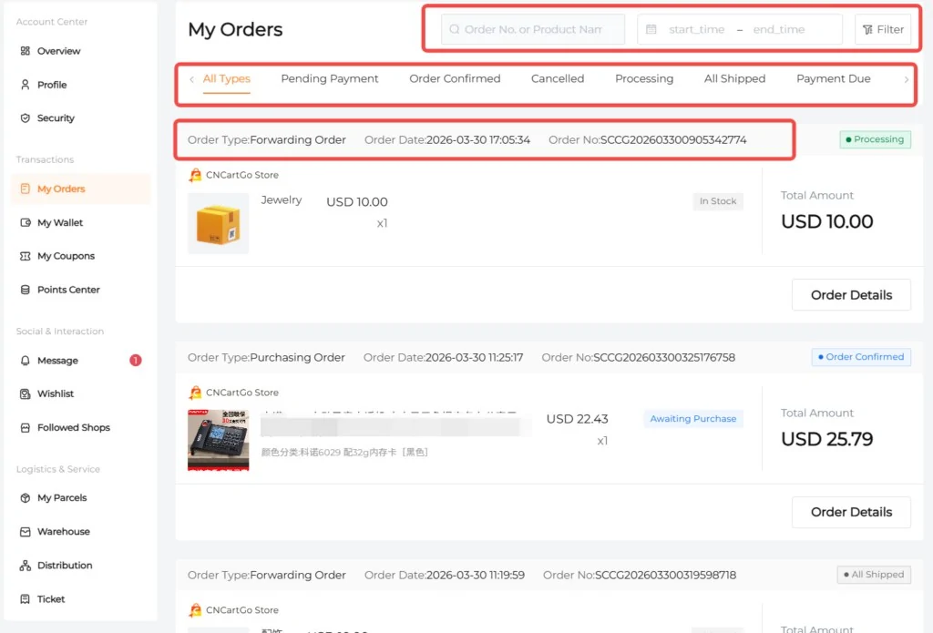 CNCartGo My Orders screen listing a forwarding order in Processing and a purchasing order Awaiting Purchase