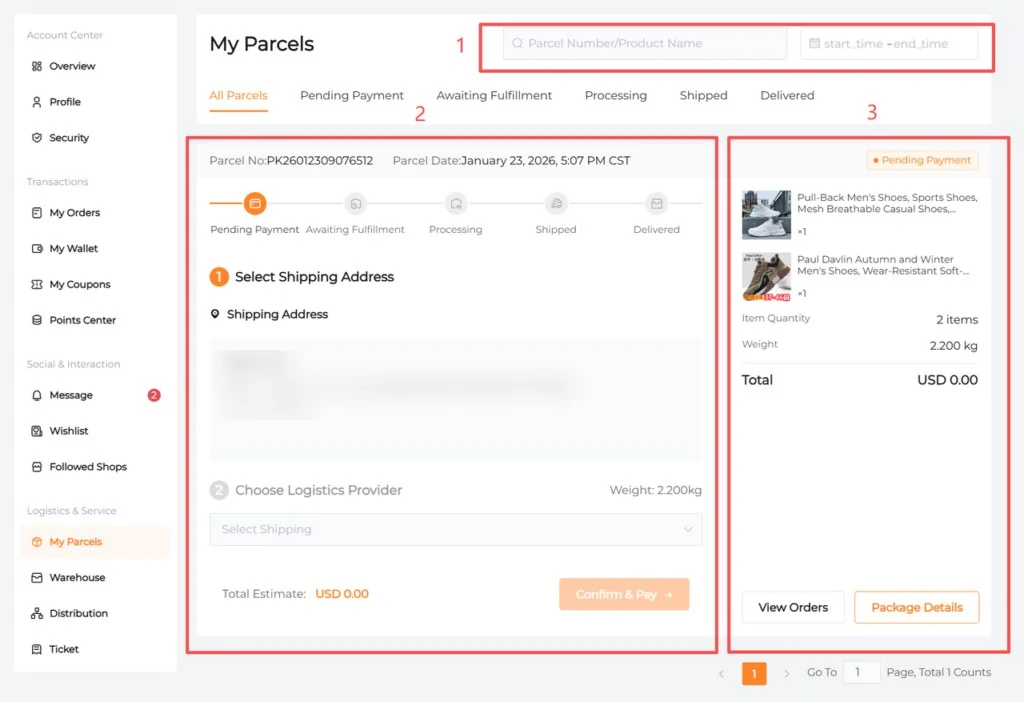 CNCartGo My Parcels with a five-step progress bar and a parcel of two items weighing 2.2 kg