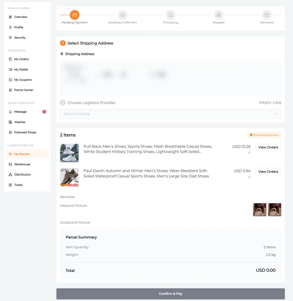 CNCartGo parcel detail with Select Shipping Address, Choose Logistics Provider and Confirm and Pay