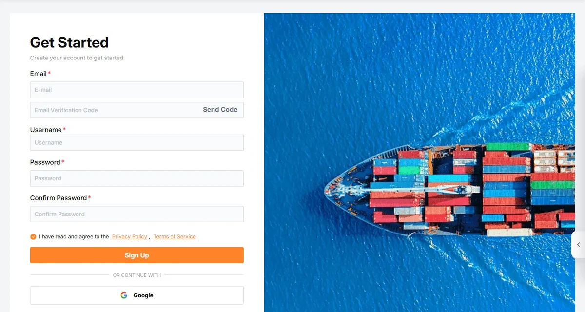 CNCartGo Get Started form with email, verification code, username, password and Google sign-in