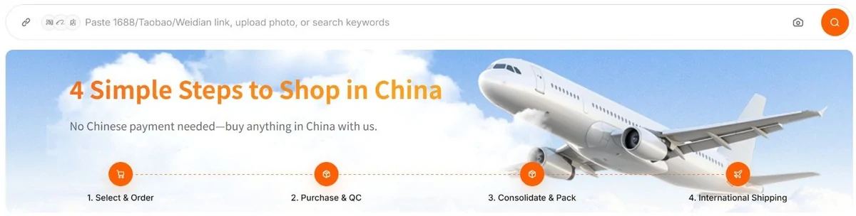 CNCartGo search bar for links, photos or keywords above the four-step banner Select and Order, Purchase and QC, Consolidate and Pack, International Shipping