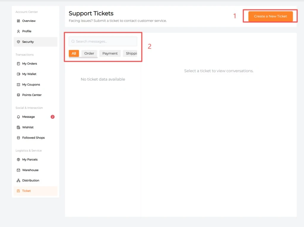 CNCartGo Support Tickets screen with a Create a New Ticket button and filters for orders, payments and shipping