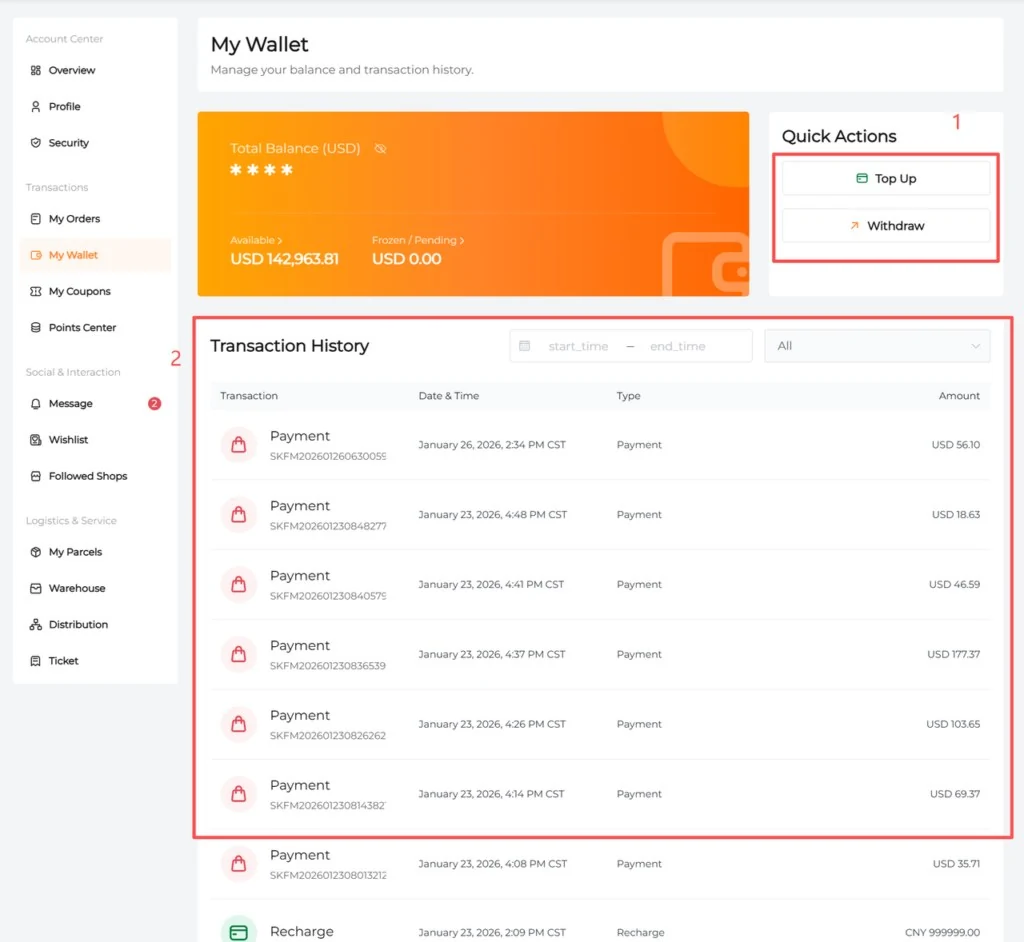 CNCartGo My Wallet screen with a balance panel, Top Up and Withdraw buttons and transaction history