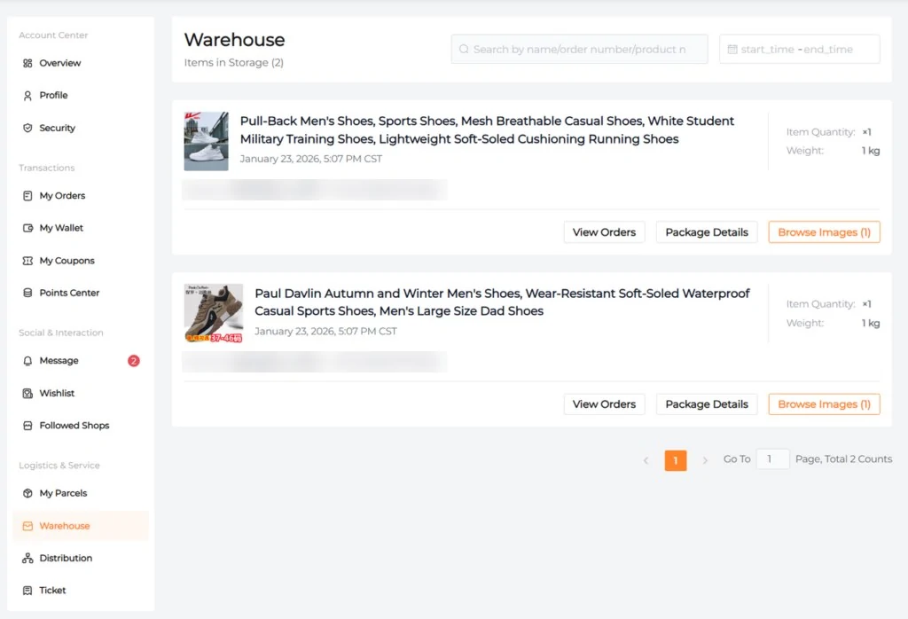 CNCartGo Warehouse screen listing two items in storage with weight and a Browse Images button