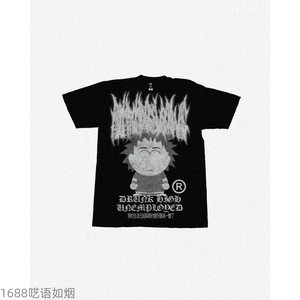Black tee with a cartoon and slogan print, product photo from the seller