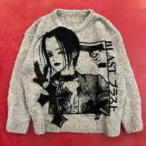 Grey distressed knit with an anime print, product photo from the seller