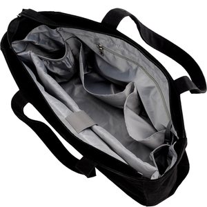 Stiff black canvas laptop tote, product photo from the seller
