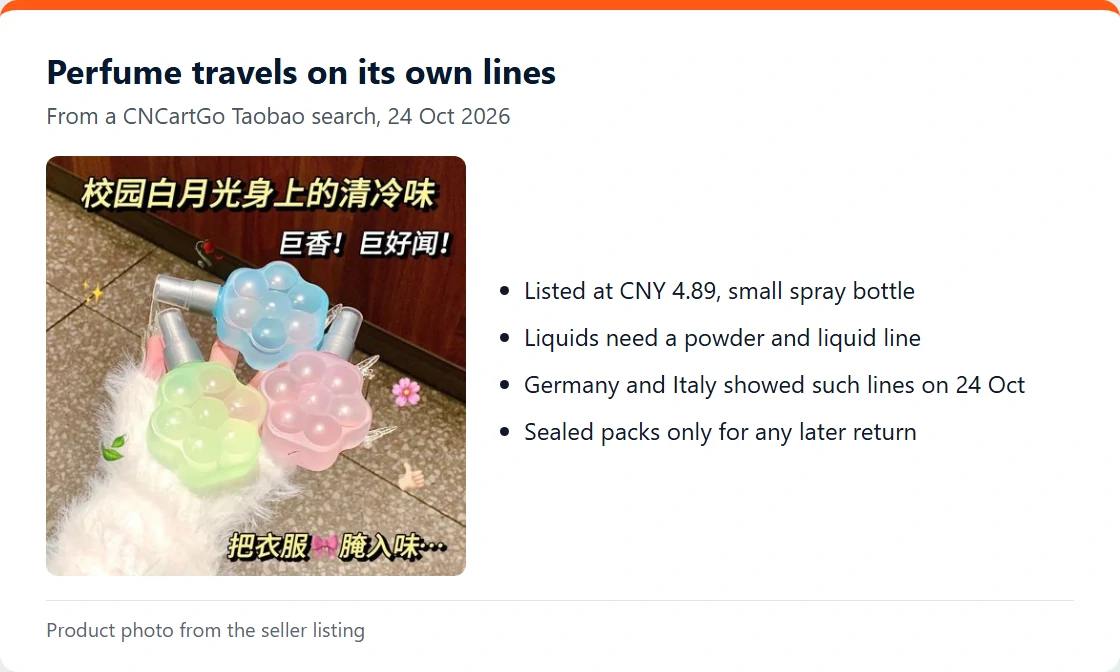 A small perfume bottle from a CNCartGo Taobao search, with notes on liquid lines