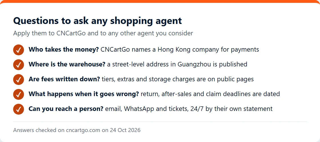 Five questions to ask any shopping agent, answered for CNCartGo from its own pages
