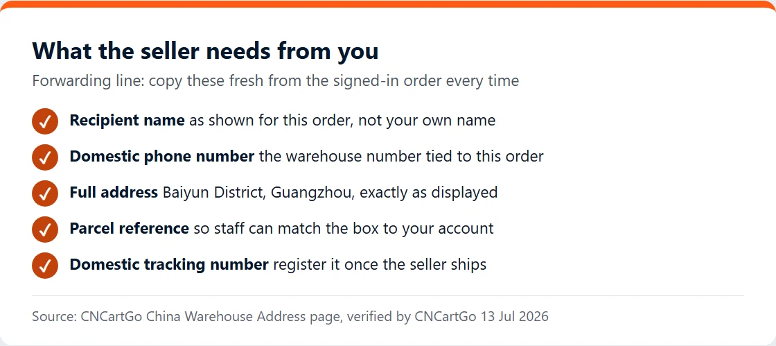 Checklist of five warehouse details to give a Chinese seller: recipient name, phone, address, parcel reference, tracking number