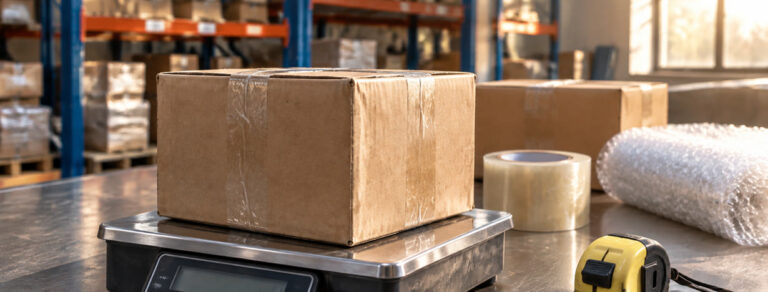 CNCartGo official forwarding illustration: a packed parcel on warehouse scales beside packing materials